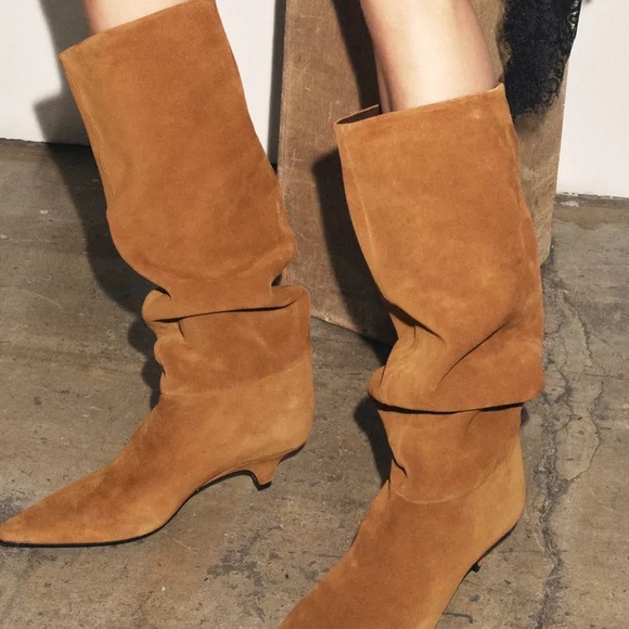 Zara NWT 100% Leather Suede Kitten Heel Wide Leg Knee Boots Pointed Toe 37 / US - Picture 4 of 16